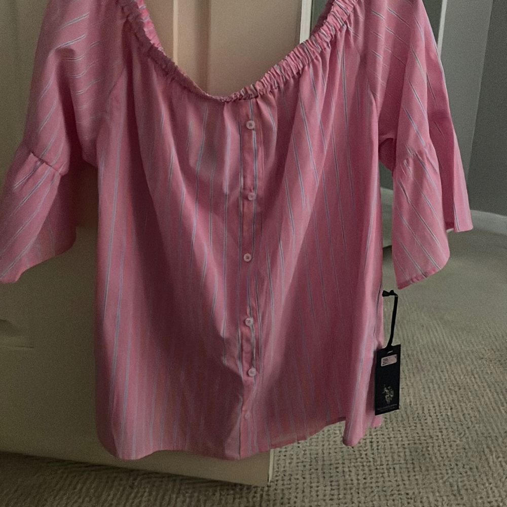 US Polo Association pink striped blouse.  New with tags attached.